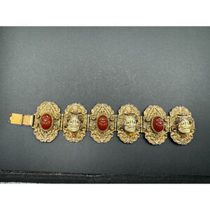 Antique Carved Mythical Smiling Devil Red Scarab Gold Tone Panel Bracelet Estate